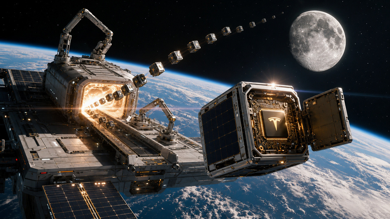 Estação espacial lançando satélites Tesla em direção à Lua com a Terra ao fundo no espaço.
