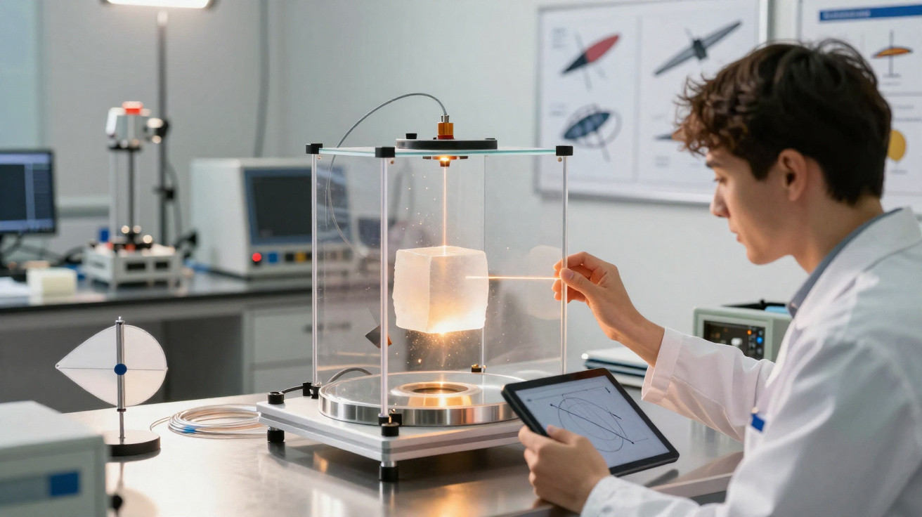Cientista usando tablet e manipulando experimento com cubo iluminado em laboratório tecnológico.