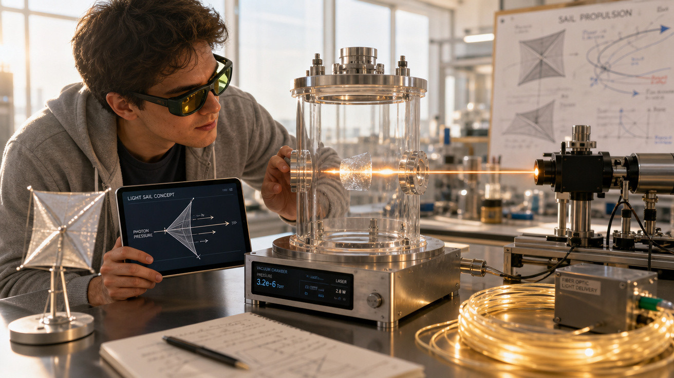 Jovem cientista observa experimento de propulsão por vela de luz em laboratório tecnológico.