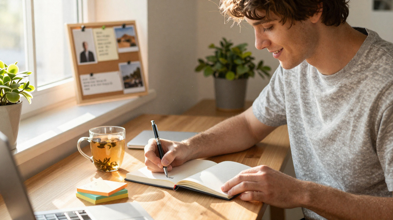 Jovem sentado à mesa escrevendo em caderno, com chá, laptop e plantas ao redor em ambiente iluminado.
