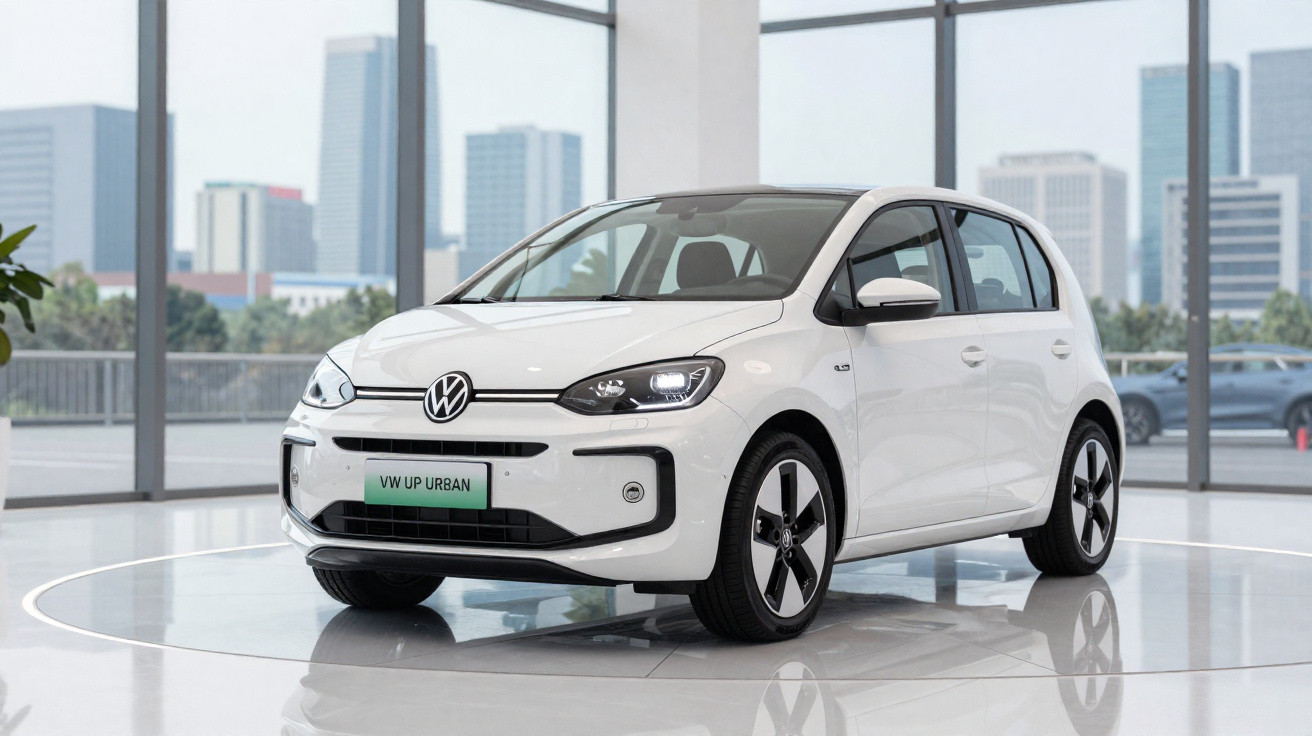 Carro branco Volkswagen VW Up Urban estacionado em ambiente interno com grandes janelas e vista urbana ao fundo.