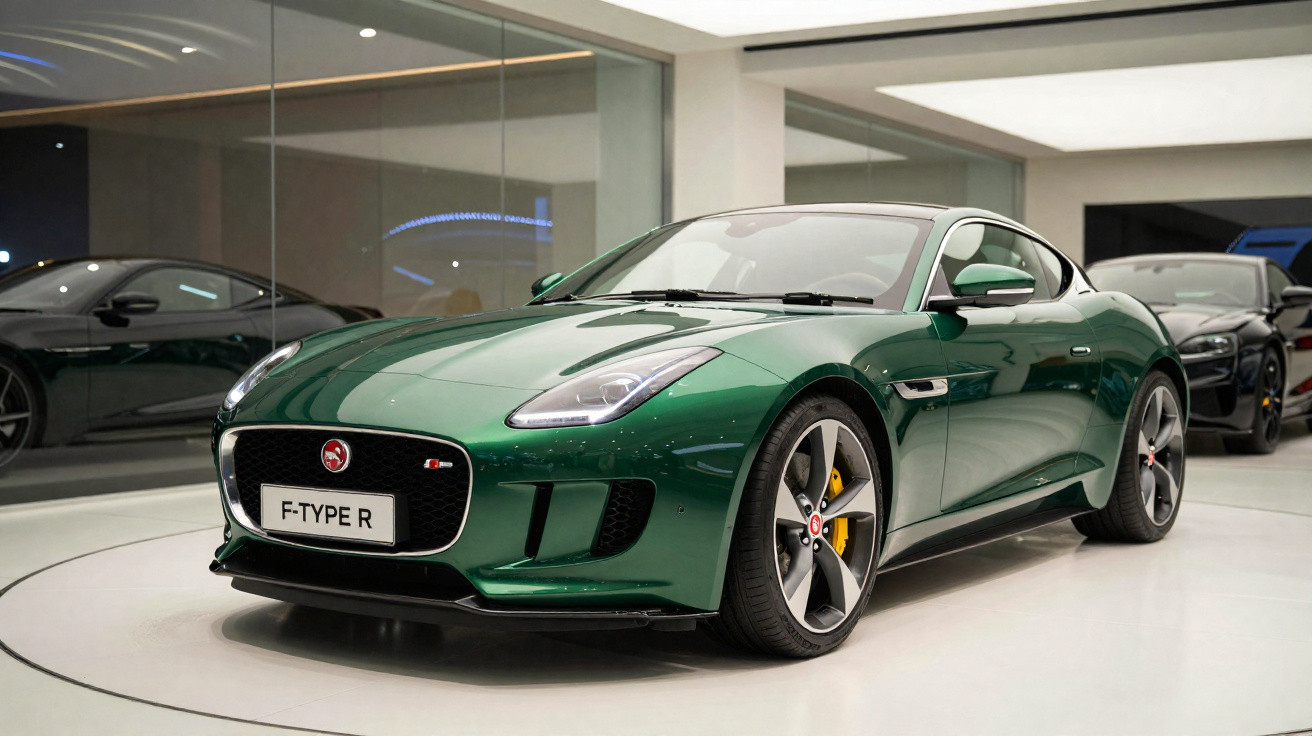 Carro esportivo Jaguar F-Type R verde exibido em showroom moderno com espelhos e iluminação branca.