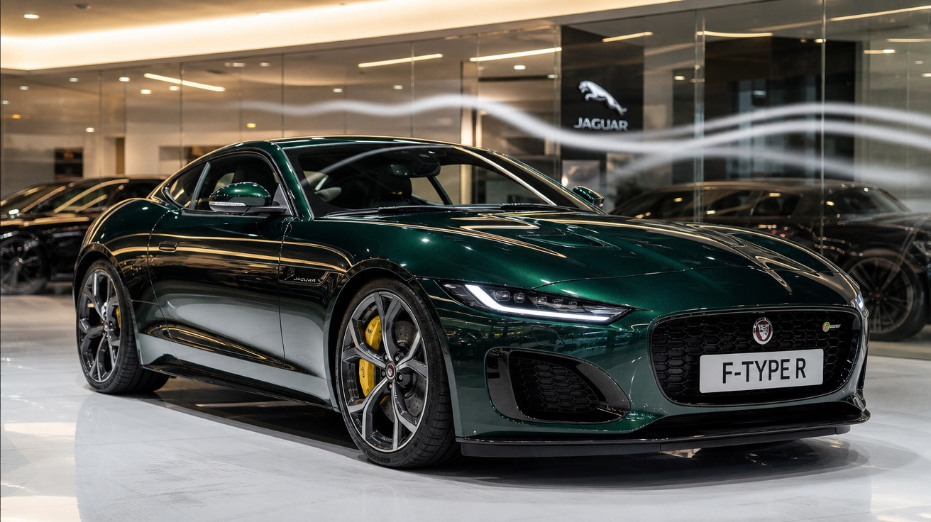 Carro esportivo Jaguar F-Type R verde escuro em loja moderna com interior refletindo iluminação artificial.