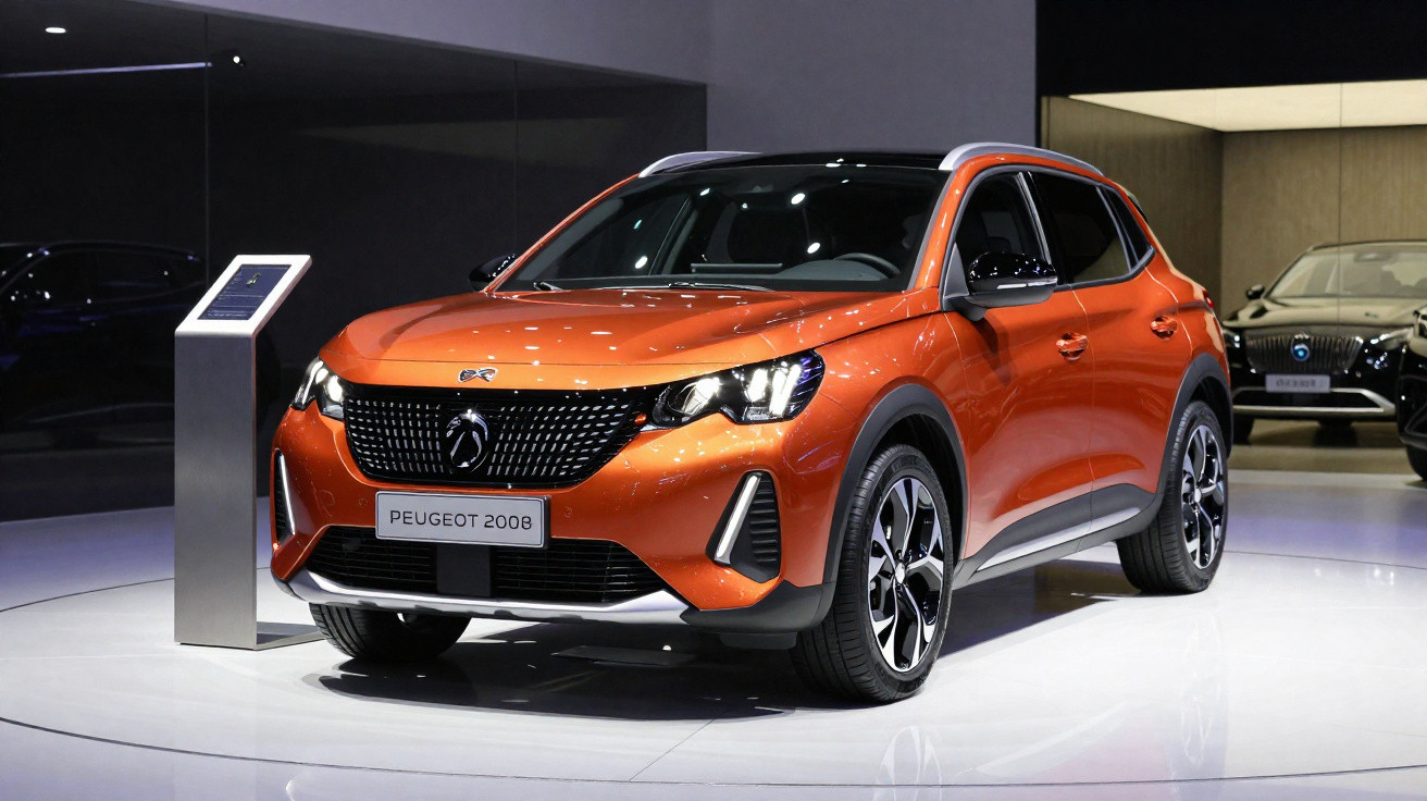 SUV Peugeot 2008 laranja brilhante exposto em salão de automóveis com iluminação moderna.