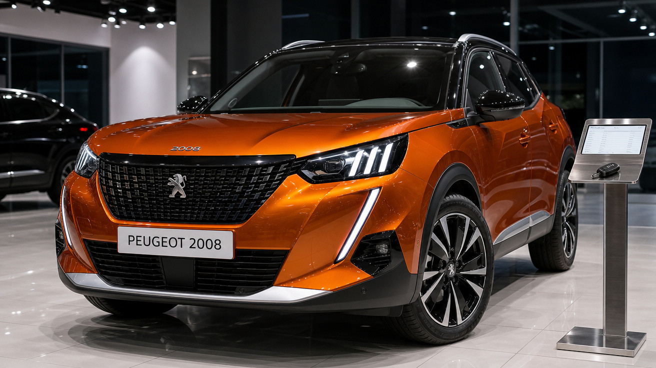 SUV Peugeot 2008 laranja brilhante em exposição dentro de showroom moderno e iluminado.