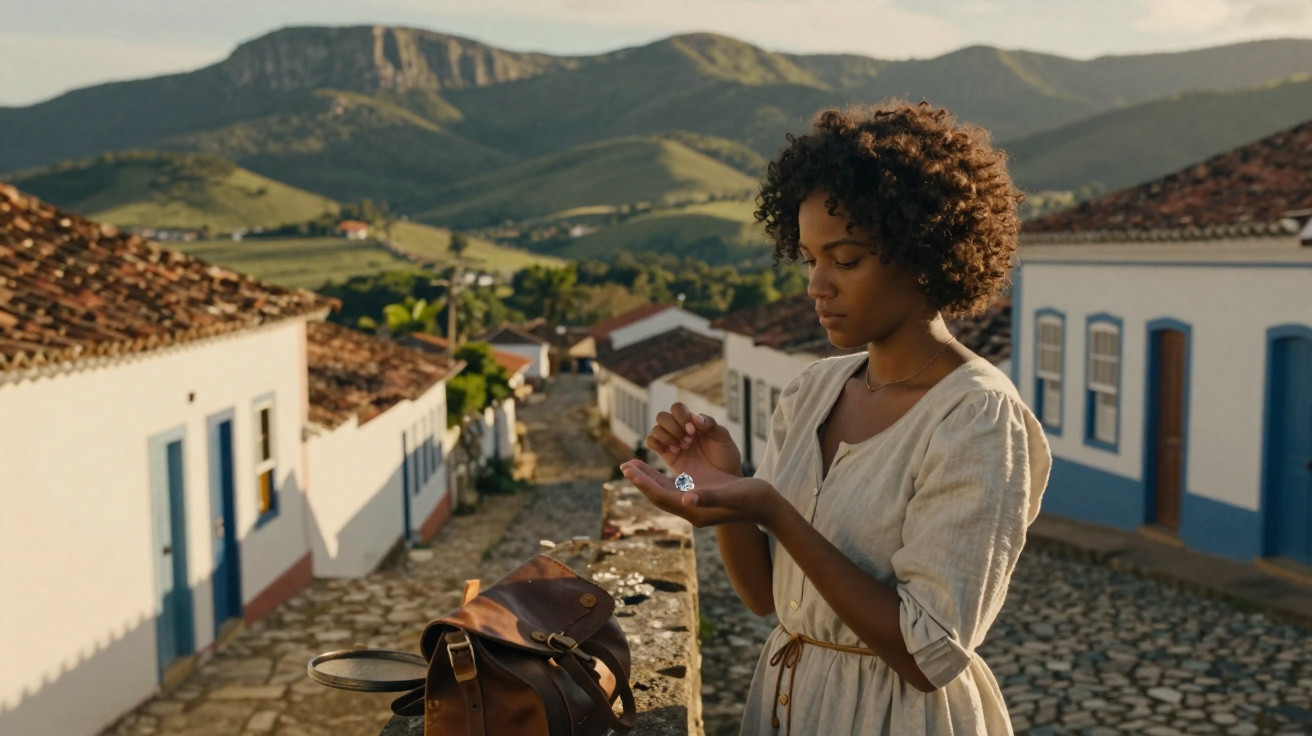 Mulher olhando uma pedra brilhante em mãos, em rua de pedra com casas coloniais e montanhas ao fundo.