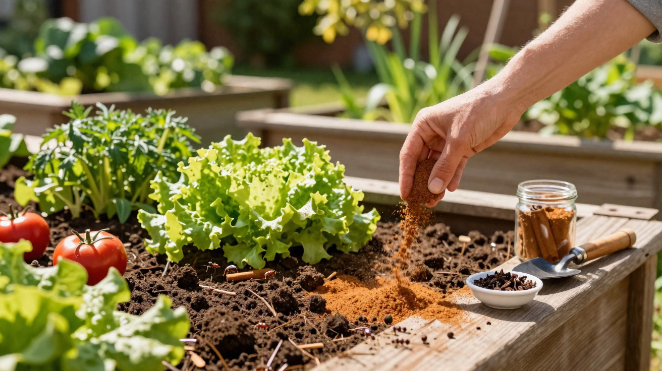Mão espalhando adubo natural em canteiro de legumes com alface e tomates em jardim ensolarado.