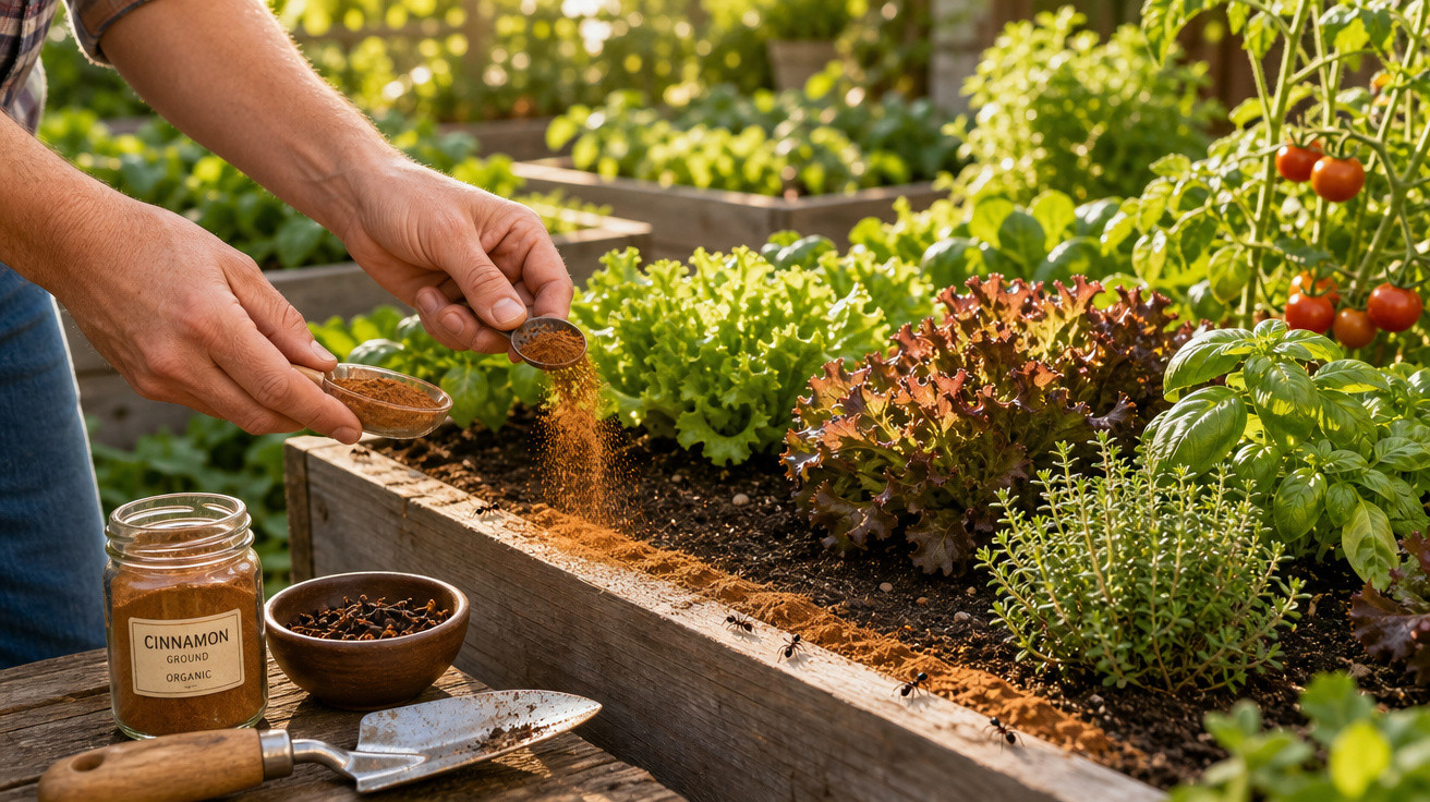 Pessoa espalhando canela em pó ao redor de plantas em horta caseira com temperos e legumes.