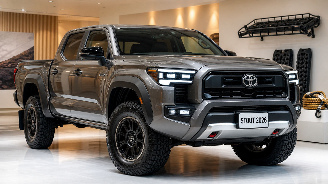 Picape Toyota Stout 2026 cinza em showroom com iluminação destacando detalhes robustos e modernos.
