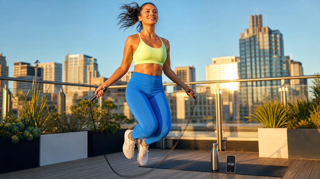 Mulher sorrindo pulando corda em rooftop urbano ao pôr do sol, com roupa esportiva colorida.