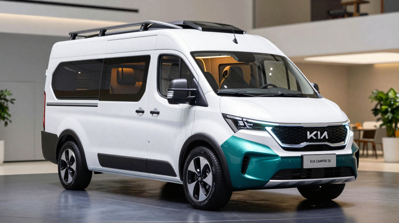 Van Kia Camper 2S branca com detalhes verdes e teto elevado em ambiente interno moderno.