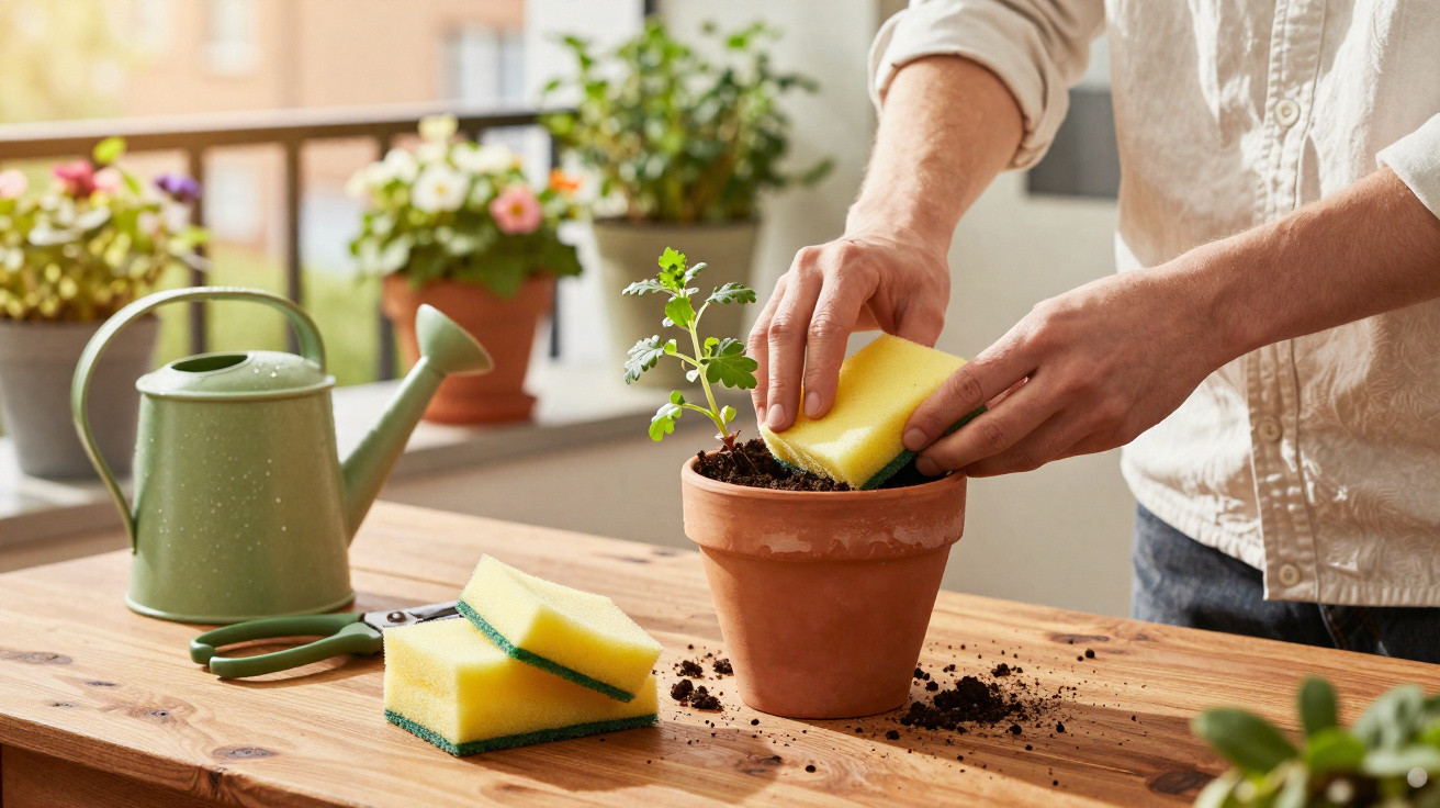 Pessoa limpando vaso de planta com esponja amarela em mesa de madeira em varanda ensolarada.