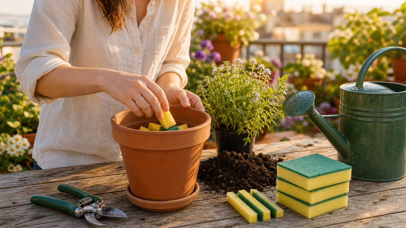 Pessoa preparando vaso de cerâmica com esponjas para jardinagem em mesa de madeira ao ar livre.