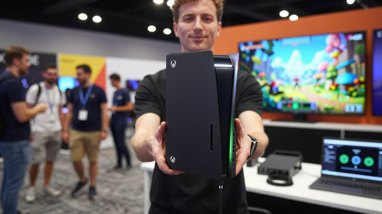 Homem segurando console Xbox Series X em evento com pessoas e monitores ao fundo.