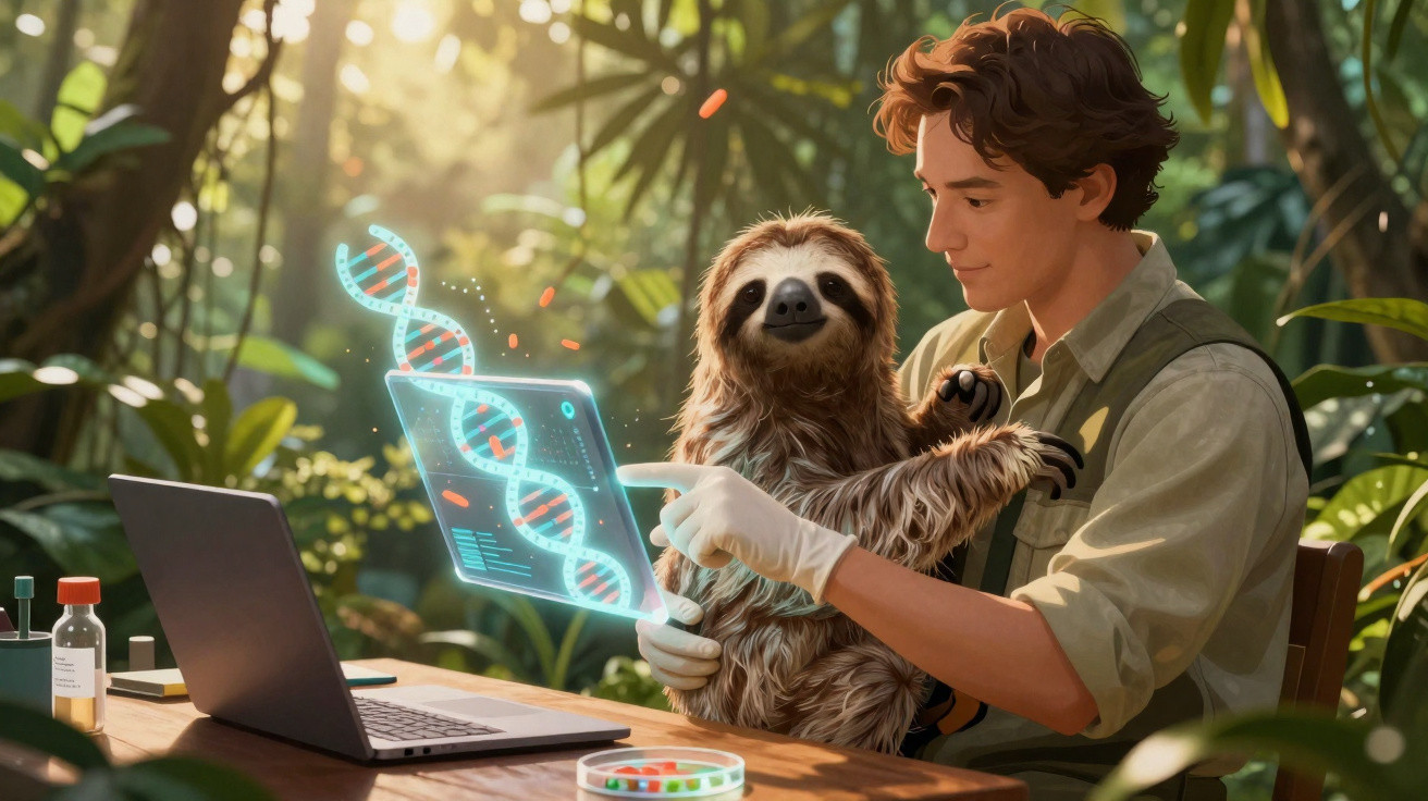Jovem cientista em floresta interage com bicho-preguiça e holograma de DNA ao lado de laptop e materiais.