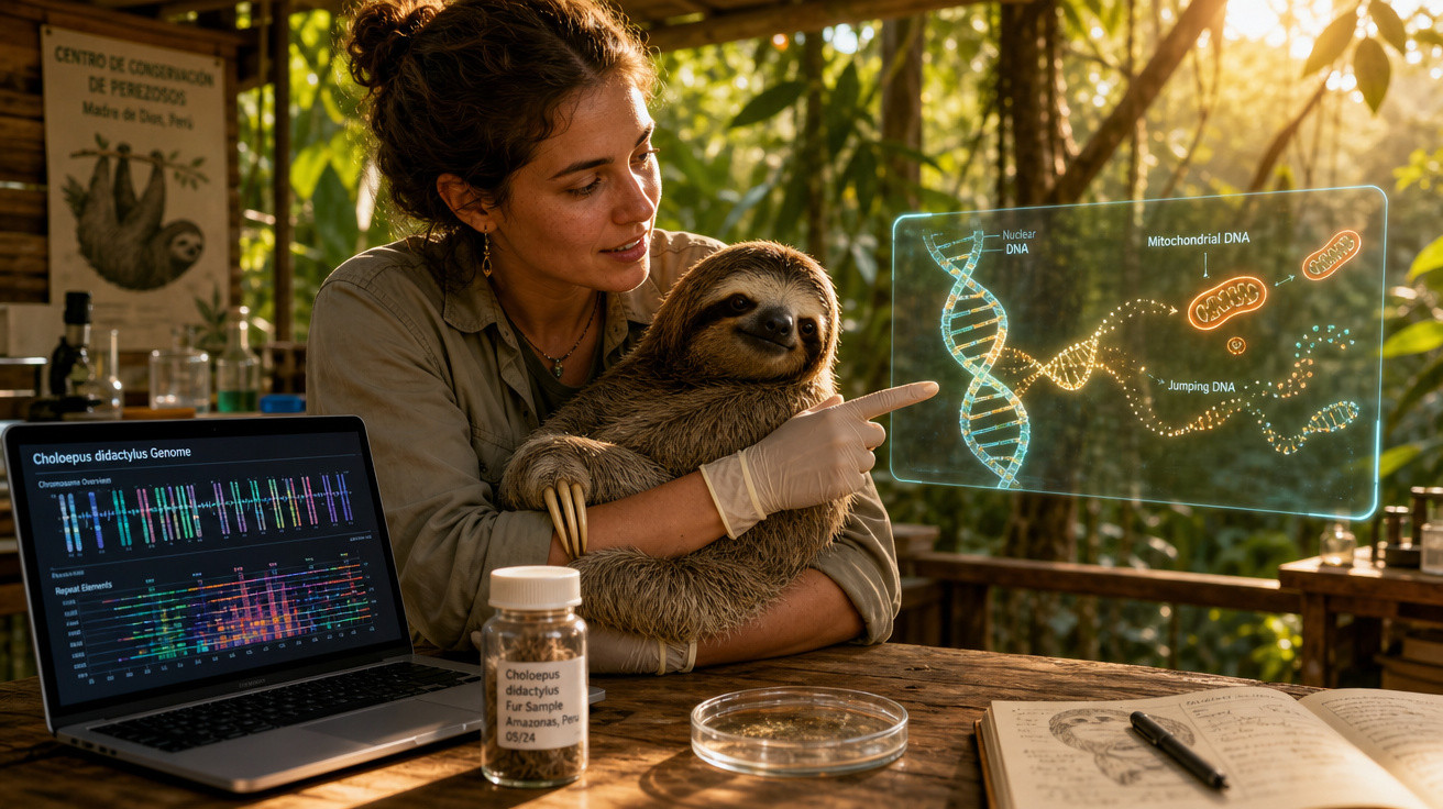 Mulher segura bicho-preguiça em centro de conservação, analisando DNA com computador e material científico ao redor.