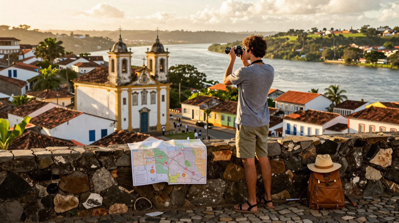 Turista com câmera e mapa observa cidade histórica com igreja e rio ao entardecer, em Paraty, Brasil.