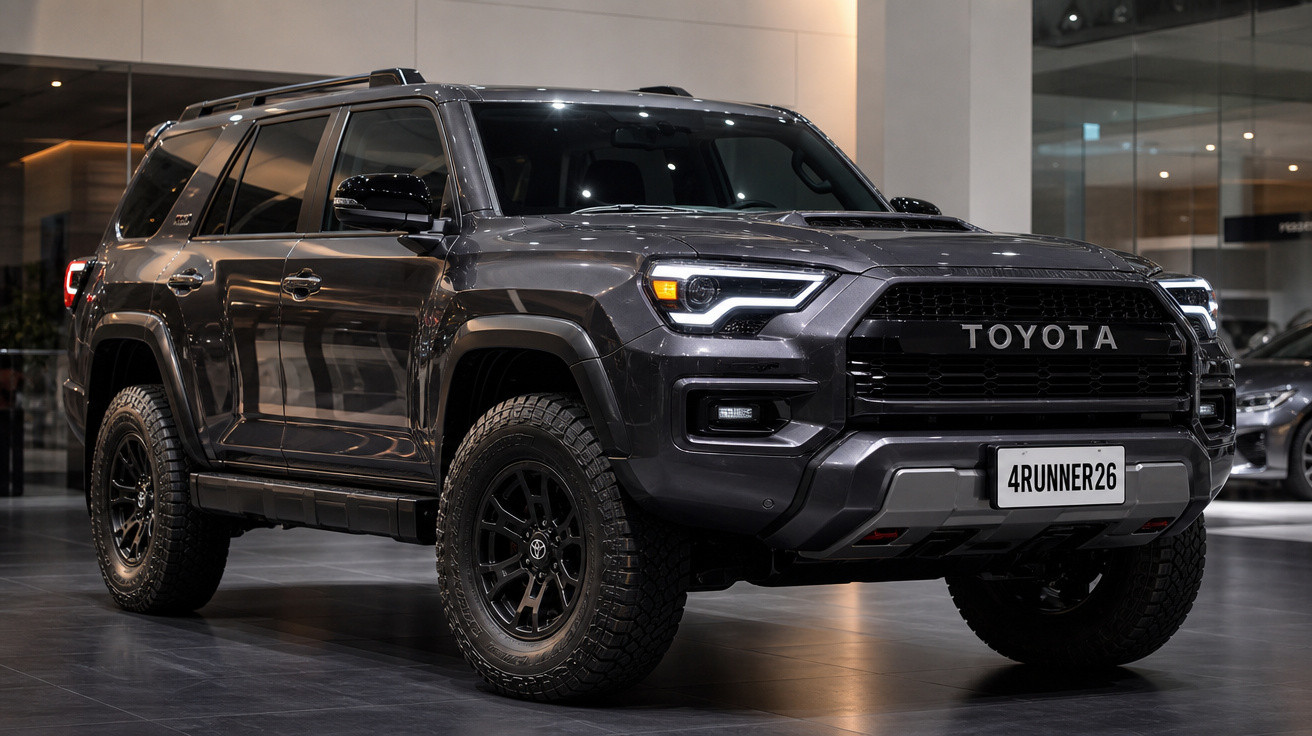 Toyota 4Runner cinza estacionado em showroom com iluminação interna.