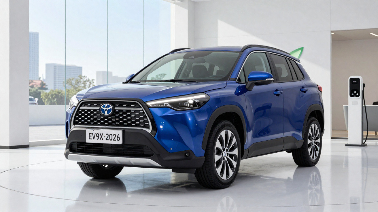 Carro SUV elétrico azul da Toyota modelo EV9X 2026 em showroom moderno e iluminado.