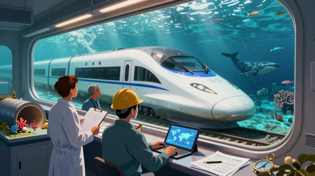 Três cientistas observam trem de alta velocidade passando em túnel submarino com vida marinha e baleia ao fundo.