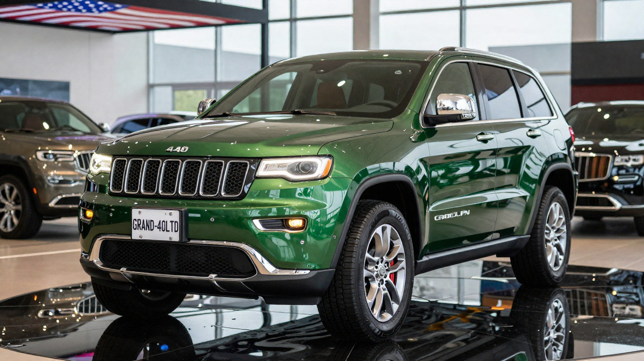 SUV Jeep Grand Cherokee verde 2023 em exposição dentro de showroom com piso espelhado.
