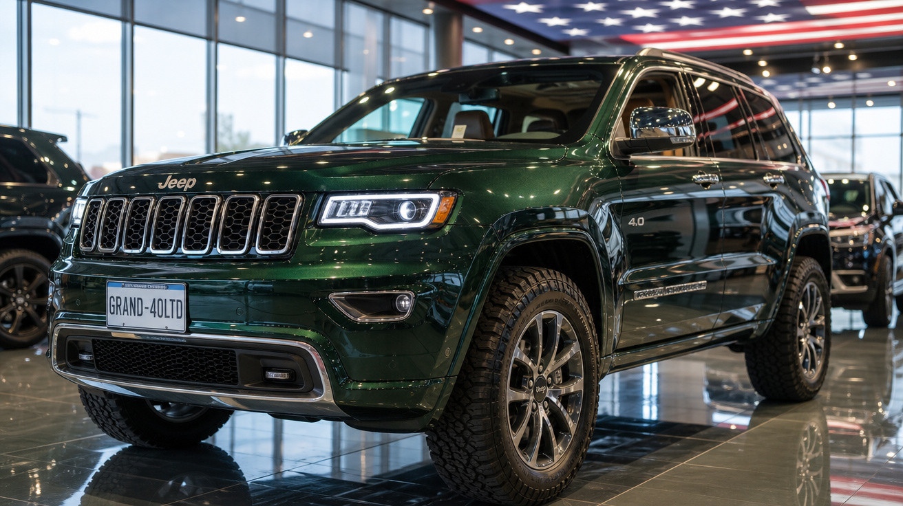 SUV Jeep Grand Cherokee verde escuro estacionado em showroom com teto decorado pela bandeira dos EUA.