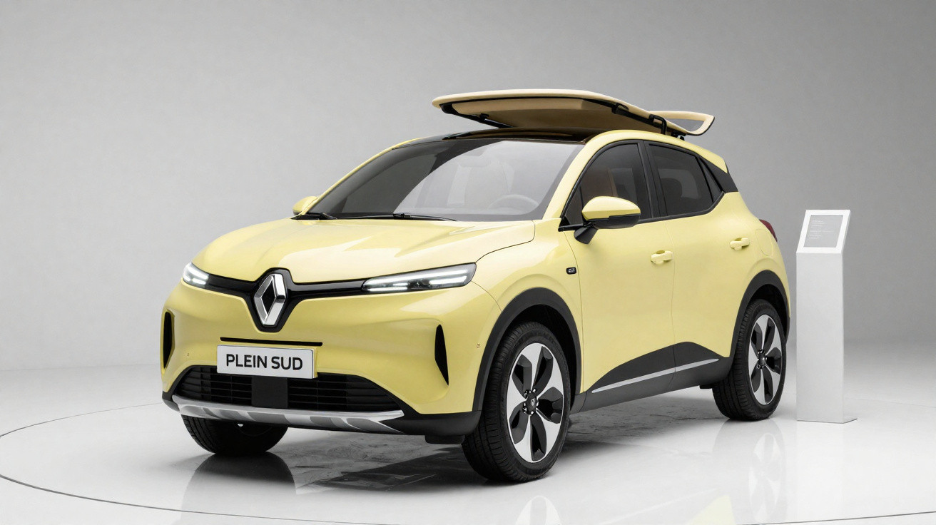 Carro elétrico compacto amarelo Renault Plein Sud em estúdio com porta do teto aberto e pedestal ao lado.
