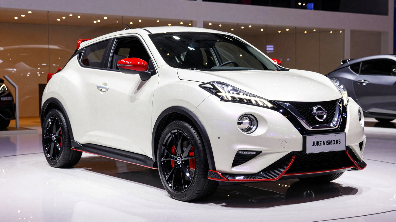Carro Nissan Juke Nismo RS branco com detalhes vermelhos em exposição em salão automotivo.