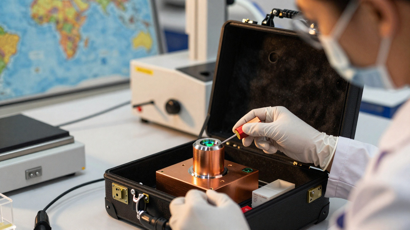 Pesquisador em laboratório usando luvas e máscara manipula equipamento cientifico em maleta preta.