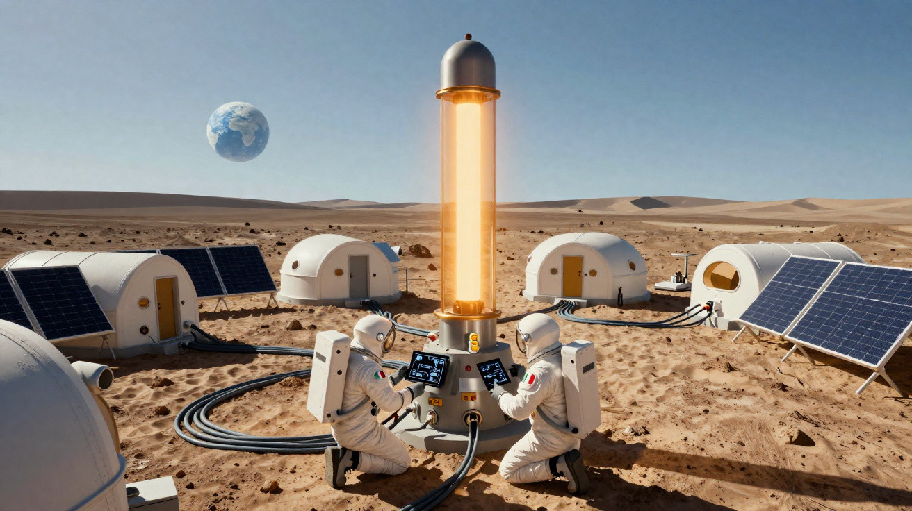 Base em colônia marciana com astronautas operando equipamento e painéis solares, Terra visível no céu.