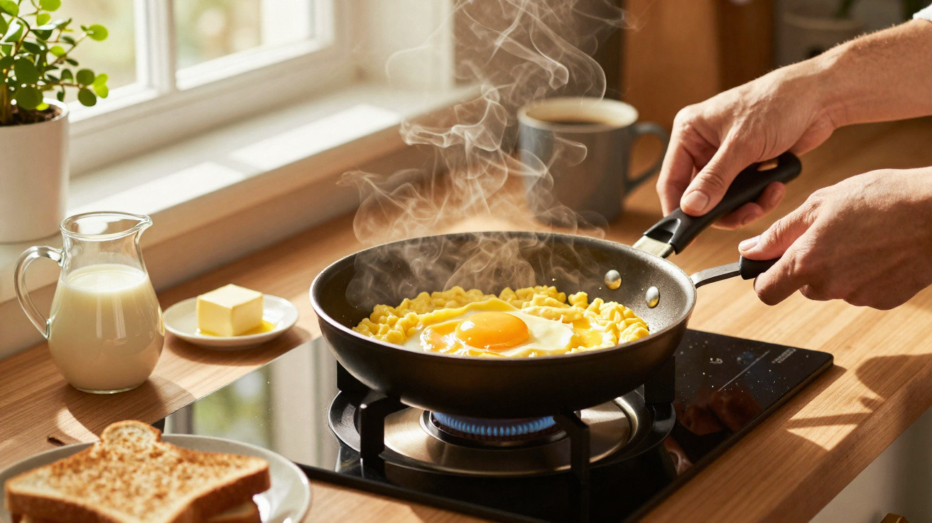 Pessoa cozinhando ovo frito com macarrão na frigideira em fogão a gás na cozinha iluminada pela manhã.