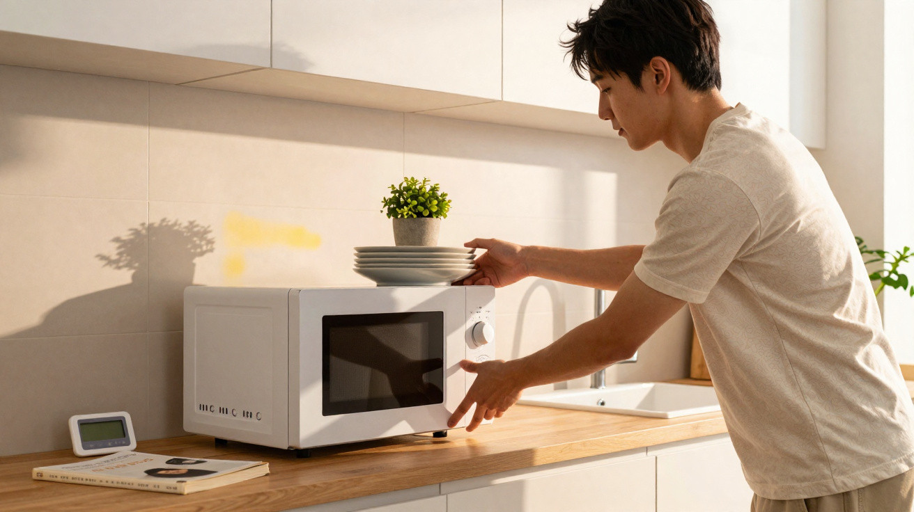 Homem ajusta o micro-ondas branco na cozinha enquanto segura um prato com um vaso de planta em cima.