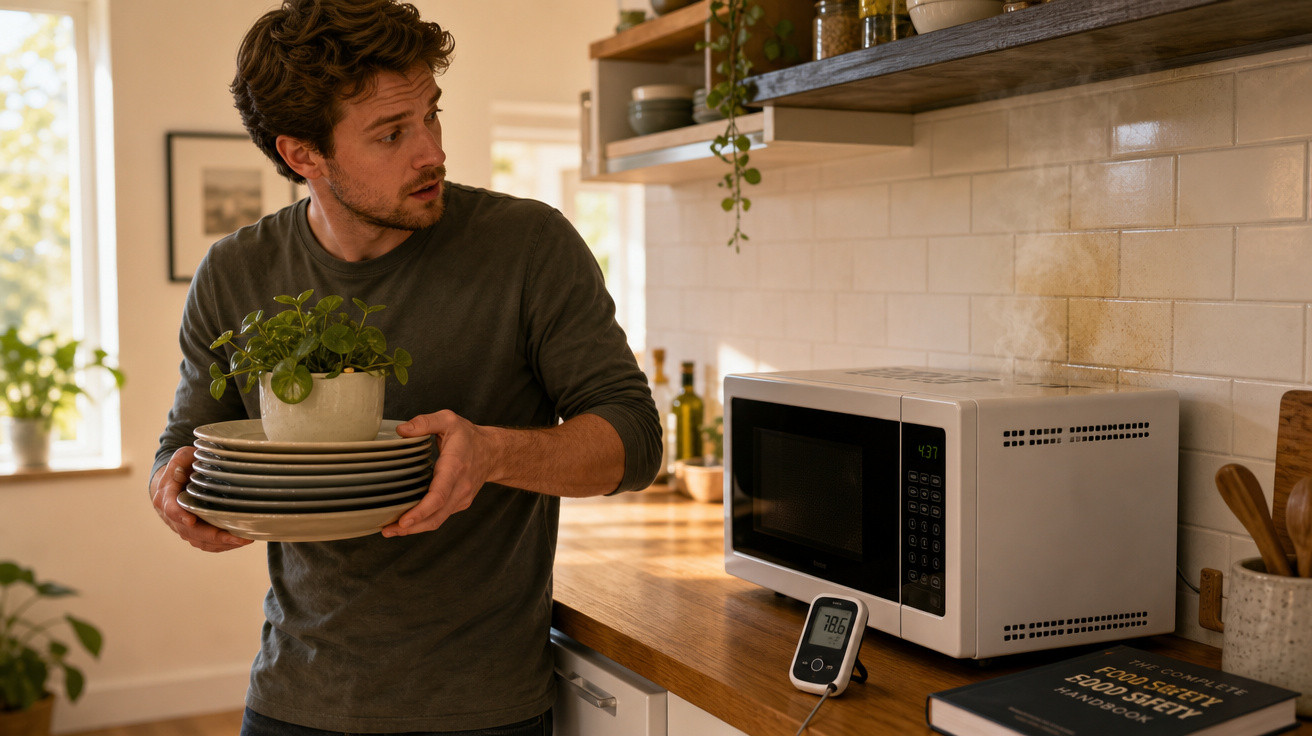 Homem segurando pratos e planta com micro-ondas ligado em cozinha iluminada e moderna.