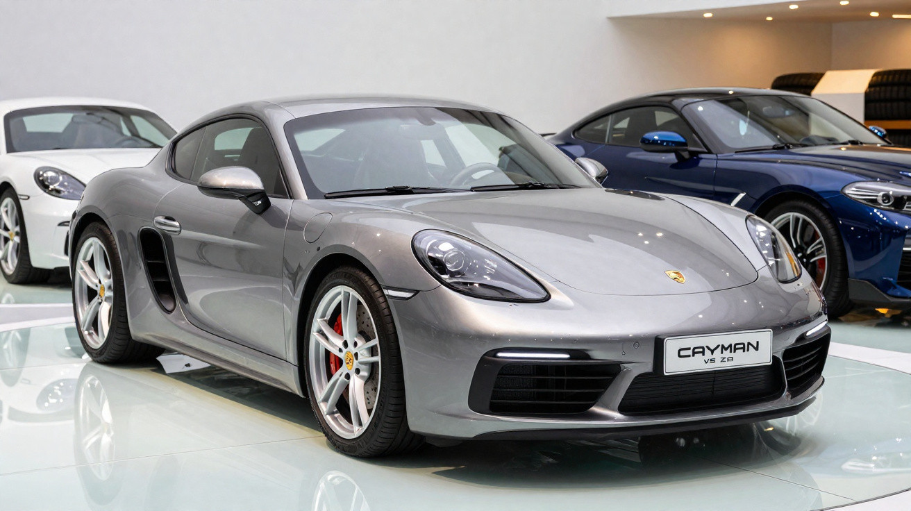 Carro esportivo Porsche Cayman cinza prata estacionado em vitrine, com outros veículos ao fundo.