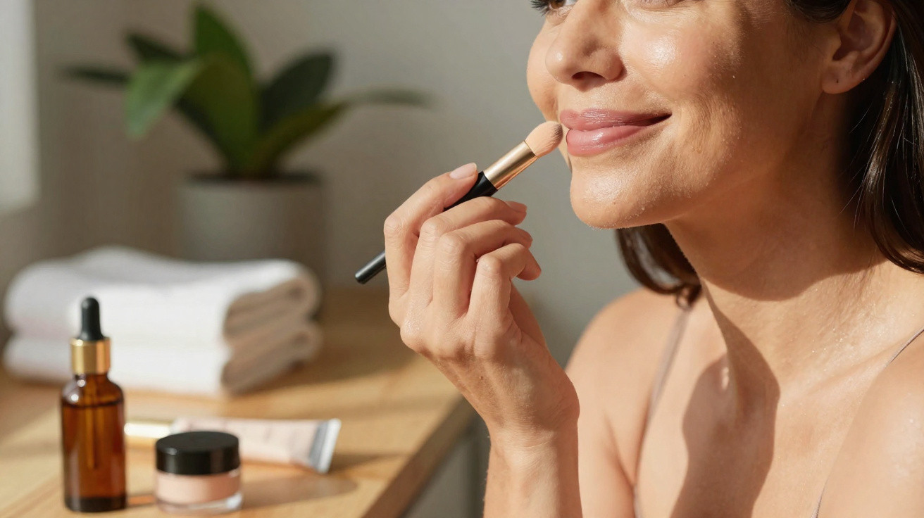 Mulher sorrindo aplicando maquiagem com pincel em ambiente iluminado e produtos de beleza ao fundo.