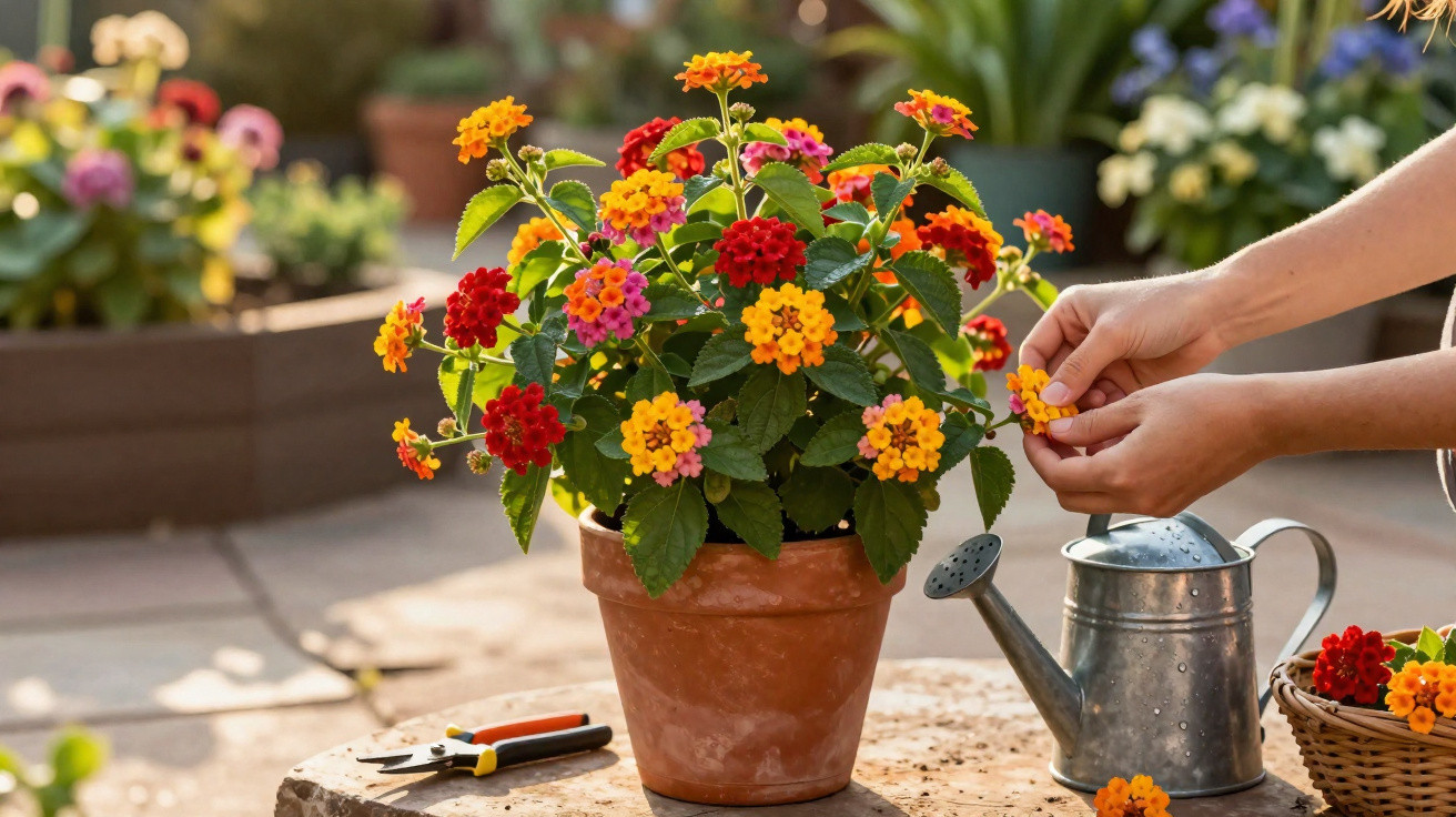 Mãos cuidando de flores coloridas em vaso de barro, regador e tesoura ao lado em jardim ao pôr do sol.