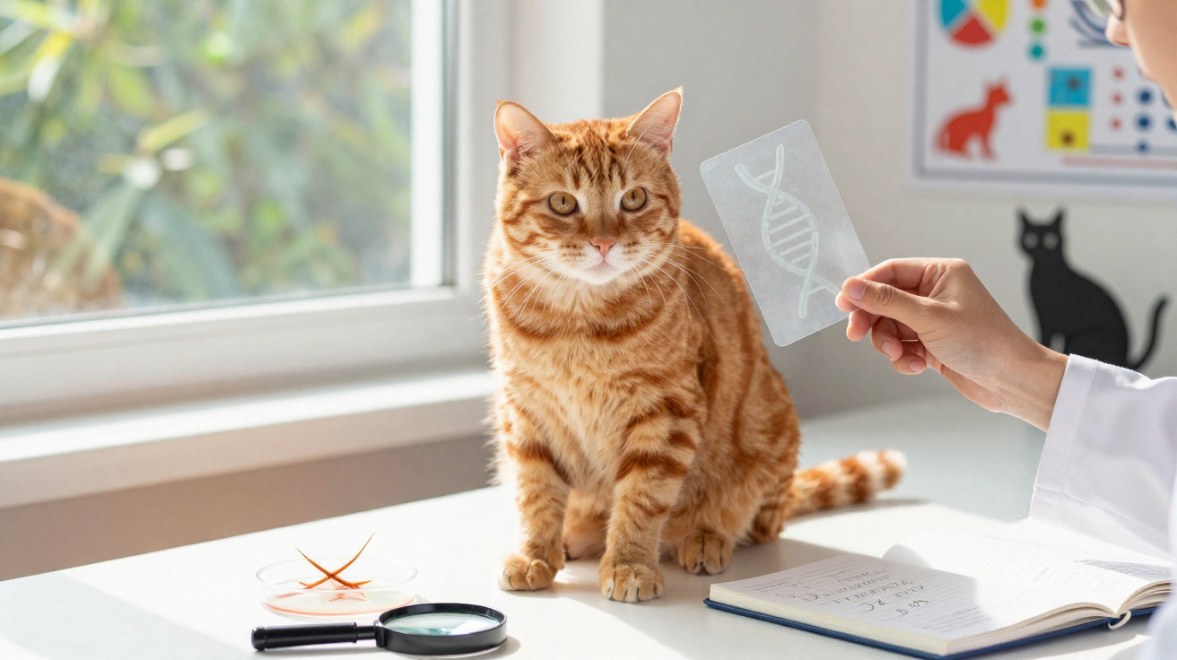 Gato laranja sentado em mesa de laboratório com lupa, lâmina e cientista segurando imagem de DNA.