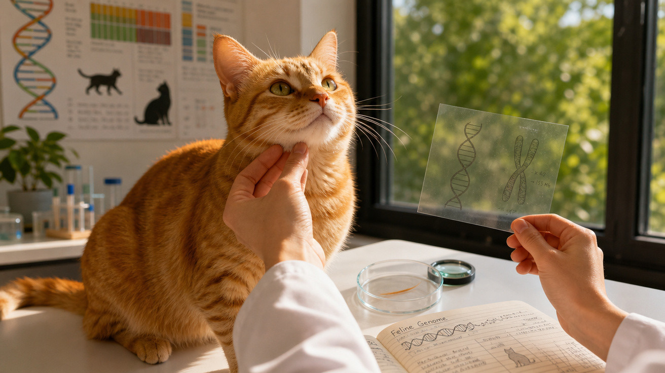Gato laranja sendo examinado por veterinário com ilustrações de DNA em ambiente de laboratório.