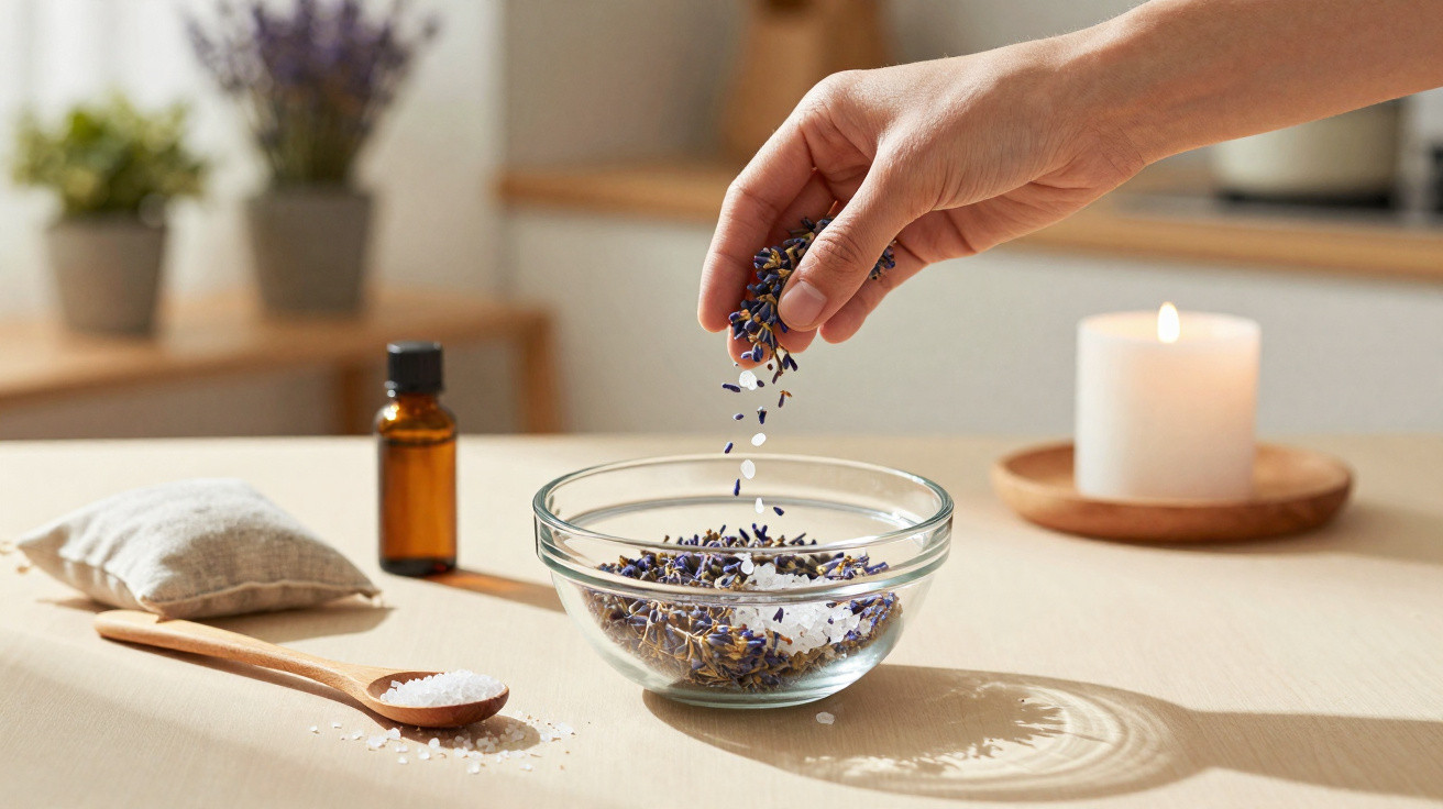 Mão colocando flores de lavanda em tigela com sal grosso, ao lado de colher, frasco de óleo e vela acesa.