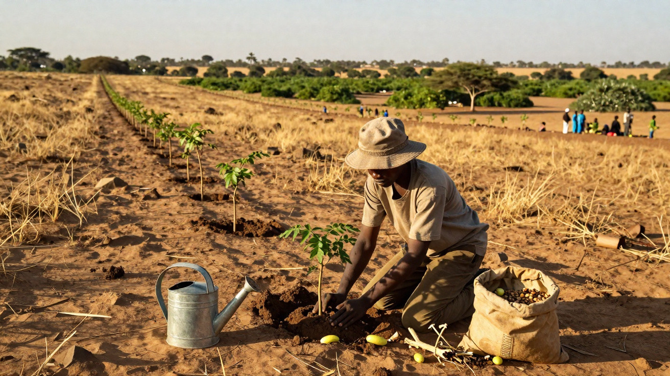 Homem planta muda em campo seco com regador e saco de sementes próximo, em ambiente rural aberto.