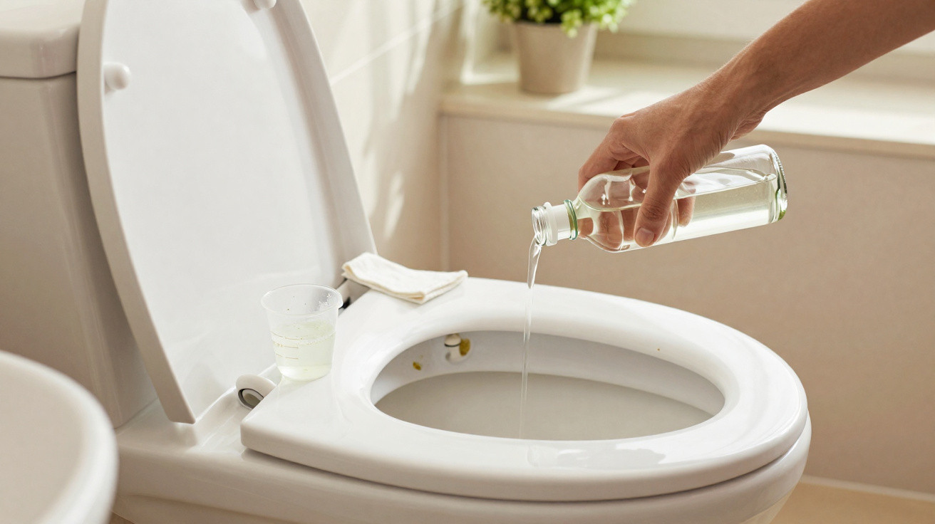 Mão despejando produto de limpeza no vaso sanitário branco em banheiro iluminado com planta ao fundo.