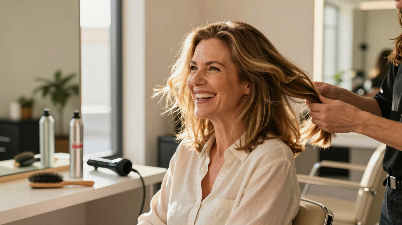 Mulher sorridente com cabelo loiro sendo penteada em salão de beleza iluminado e moderno.