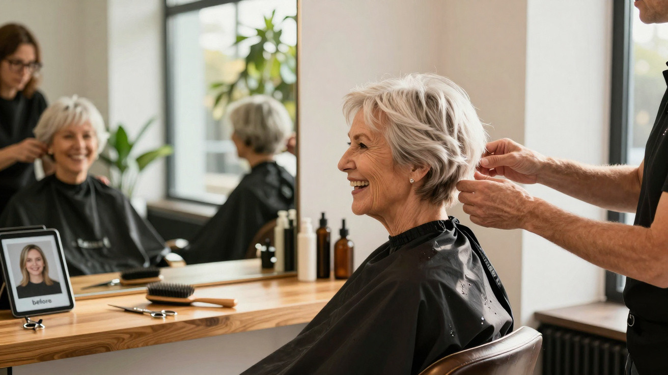 Mulher idosa sorridente recebendo corte de cabelo em salão moderno e iluminado.