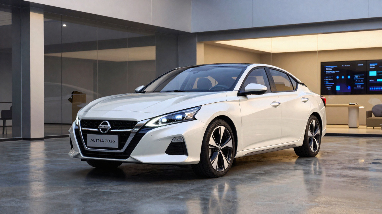 Carro branco modelo Nissan Altima 2026 em showroom moderno com piso de cimento polido.