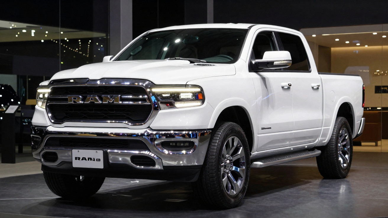 Picape branca RAM 1500 Limited vista de frente em exposição interna.