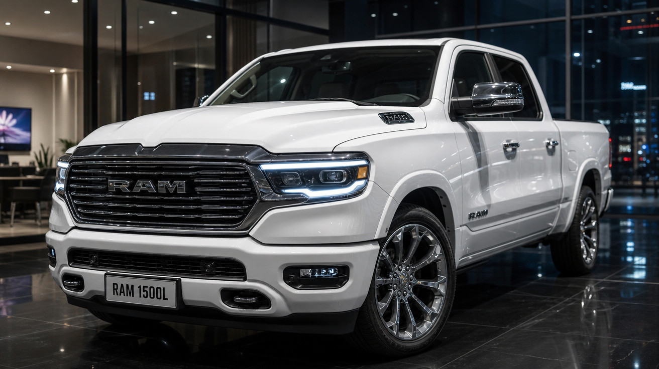 Picape RAM 1500L branca exibida em showroom moderno com piso preto e iluminação ambiente.