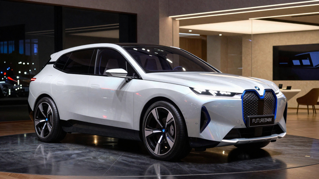 Carro elétrico BMW iX em exposição interna com pintura branca e detalhes em azul.