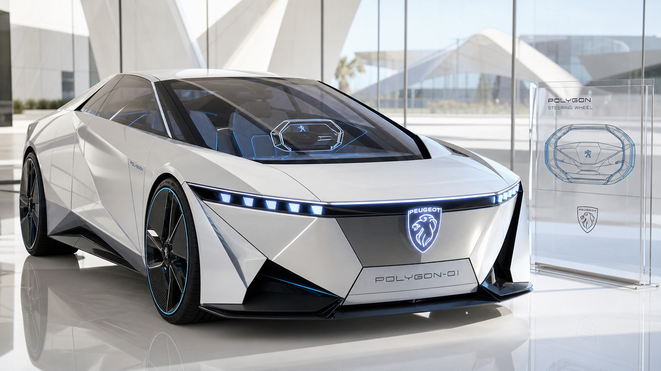 Carro conceito Peugeot Polygon-01 branco e futurista exibido em showroom moderno e iluminado.