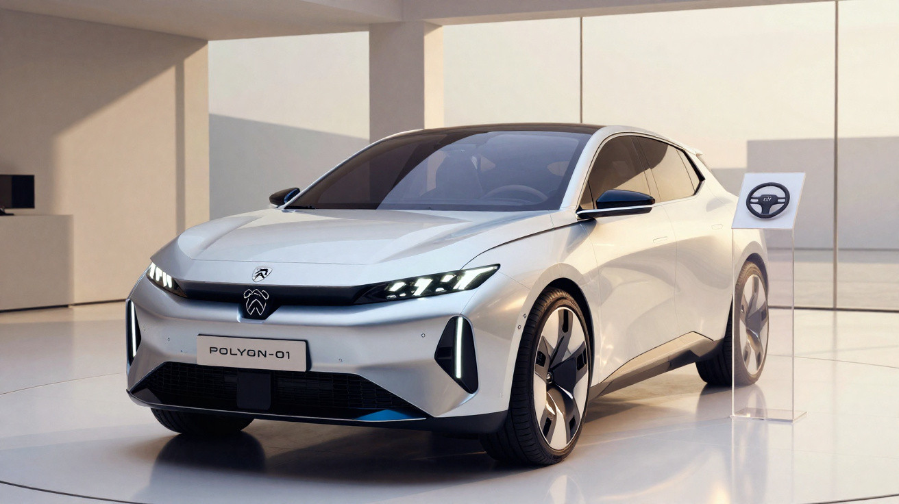 Carro elétrico branco Polyon-01 em exposição em ambiente interno moderno e iluminado.