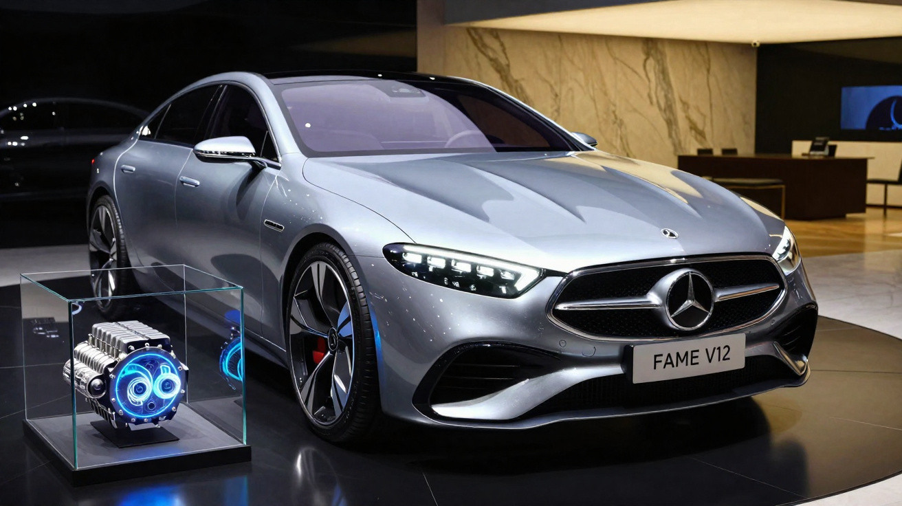 Carro sedan prata Mercedes-Benz FAME V12 exibido em salão com motor exposto em caixa de vidro ao lado.